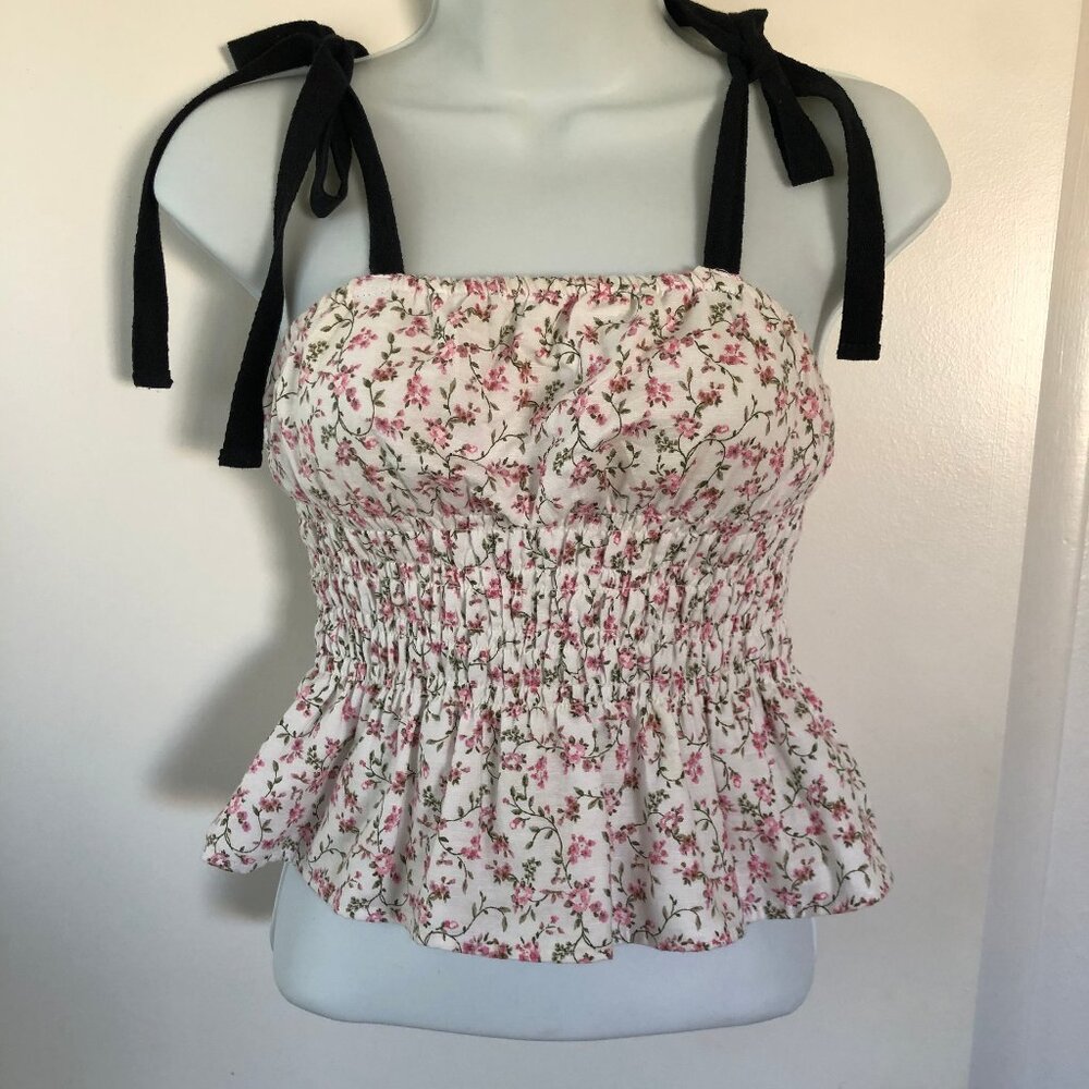 Chelsea & Violet Floral White Peplum Crop Top Black Bow Straps - Size S